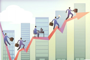 Business people climbing a line chart
