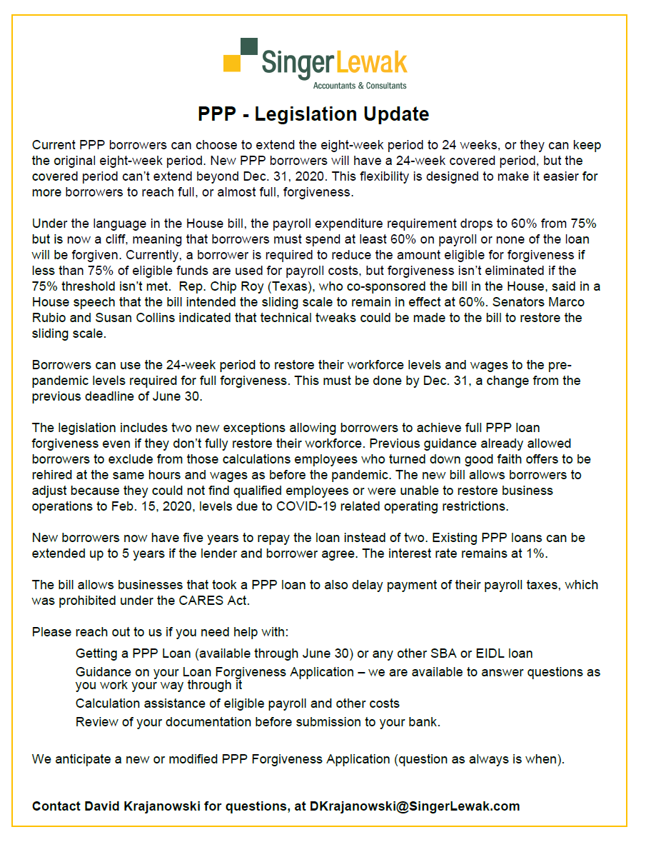 SingerLewak PPP Legislation Update Document